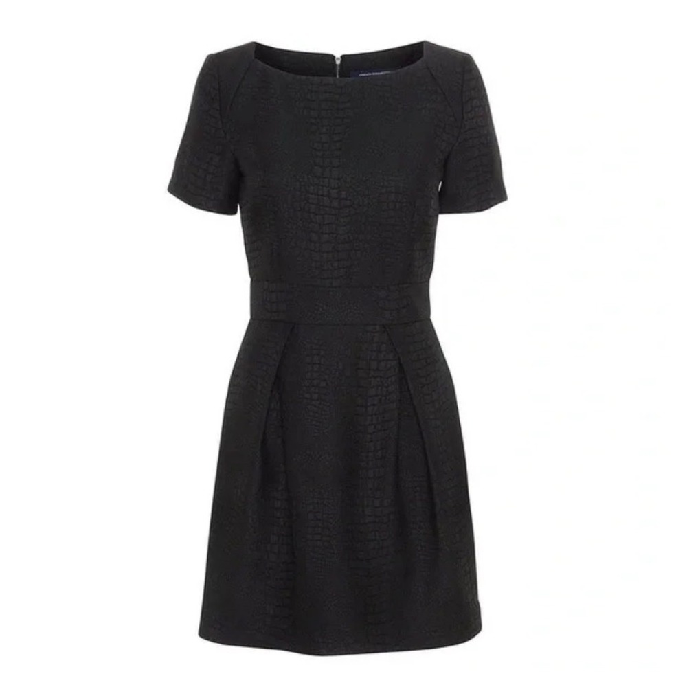 French Connection Black Crocodile Embossed Mini Dress Short Sleeve Fit‎ Flare 10